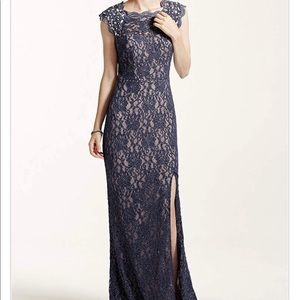 lace steel blue prom dress